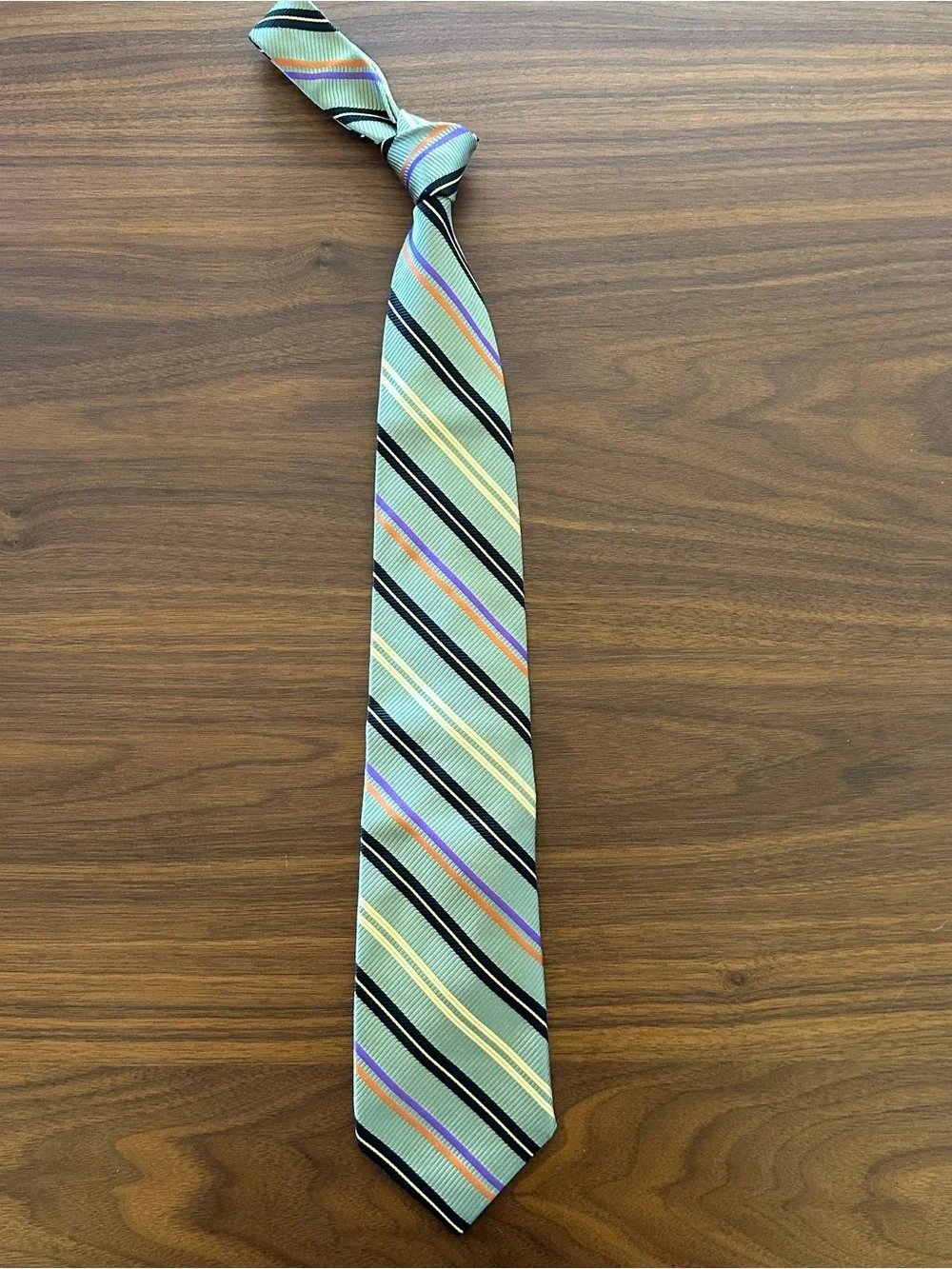 Robert Talbott Estate Mint Green Striped Silk Tie with Purple and Orange Accents